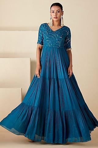 teal blue georgette crepe thread embroidered anarkali set