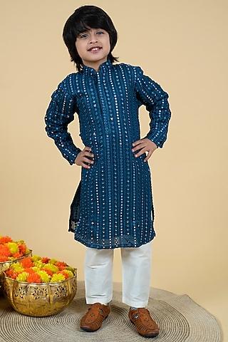 teal blue georgette embroidered kurta set for boys
