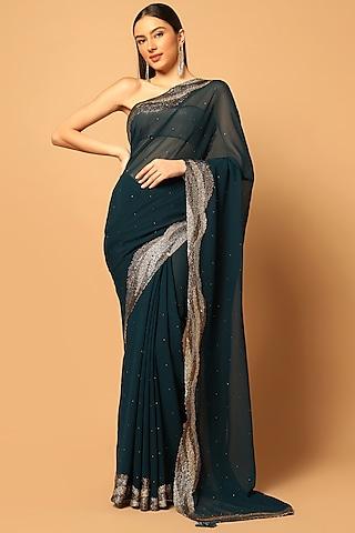 teal blue georgette embroidered saree set