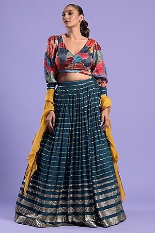 teal blue georgette kalidar lehenga set