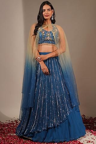 teal blue georgette lehenga set