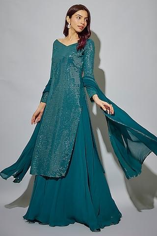 teal blue georgette sequins embroidered kurta set
