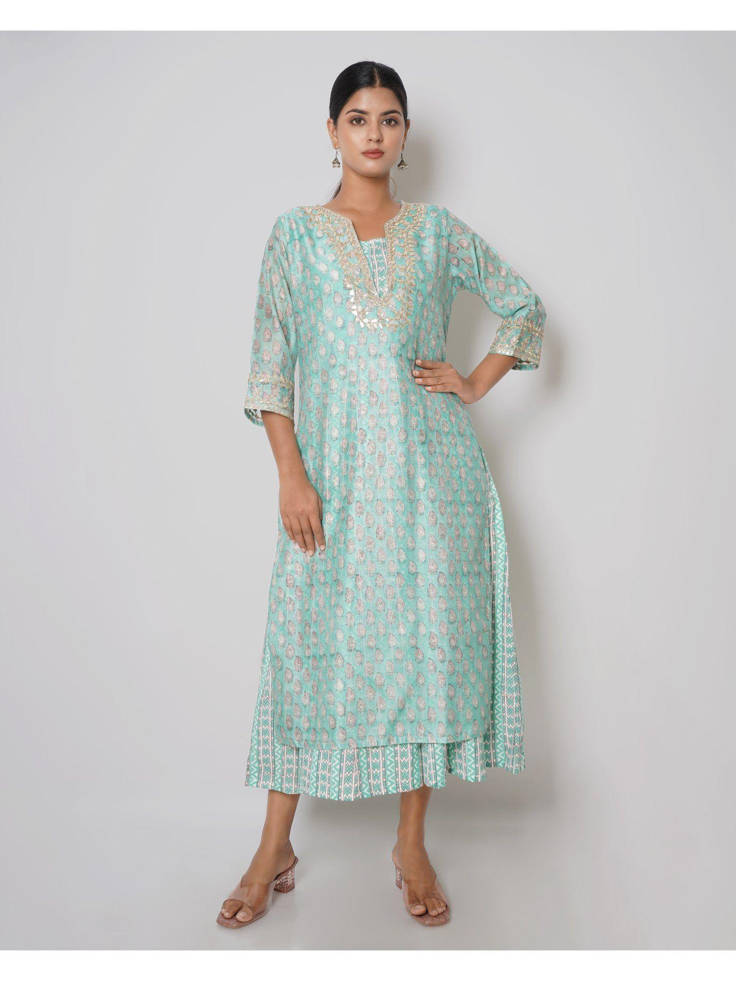 teal blue gota patti floral print chanderi double layer dress