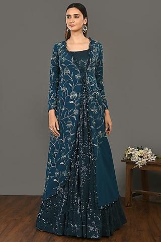 teal blue gown with embroidered jacket