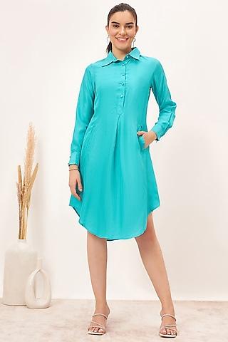 teal blue habutai silk shirt dress