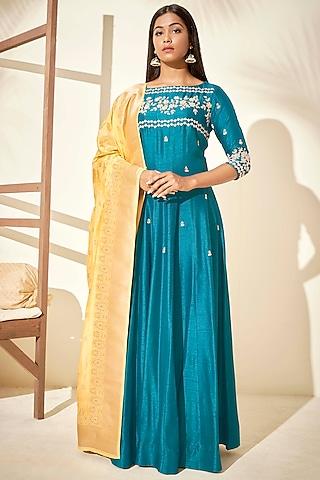 teal blue handcrafted anarkali set