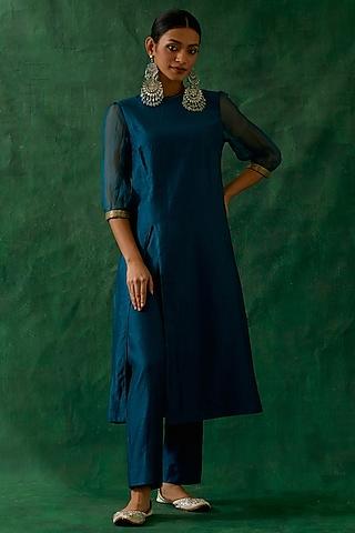 teal blue handloom chanderi & katan silk lace embroidered kurta set