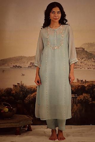 teal blue handloom chanderi embroidered kurta set