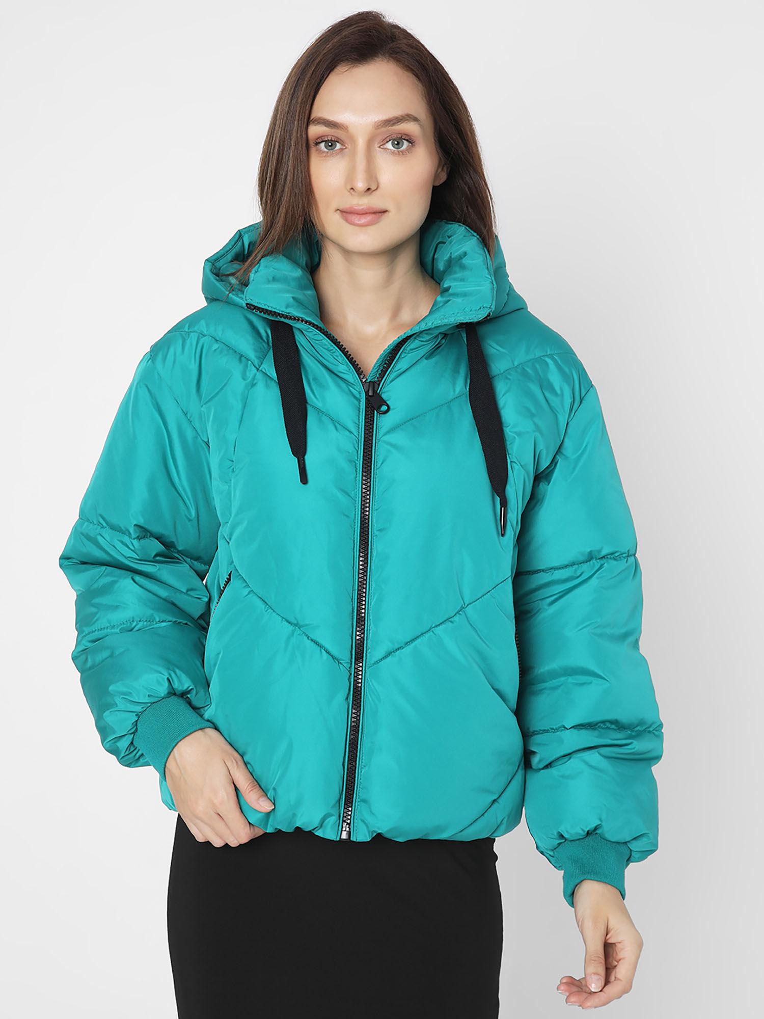 teal blue hooded puffer jacket