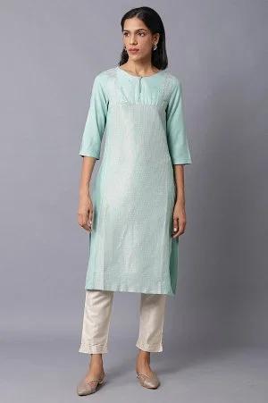 teal blue jacquard kurta with embroidered yoke