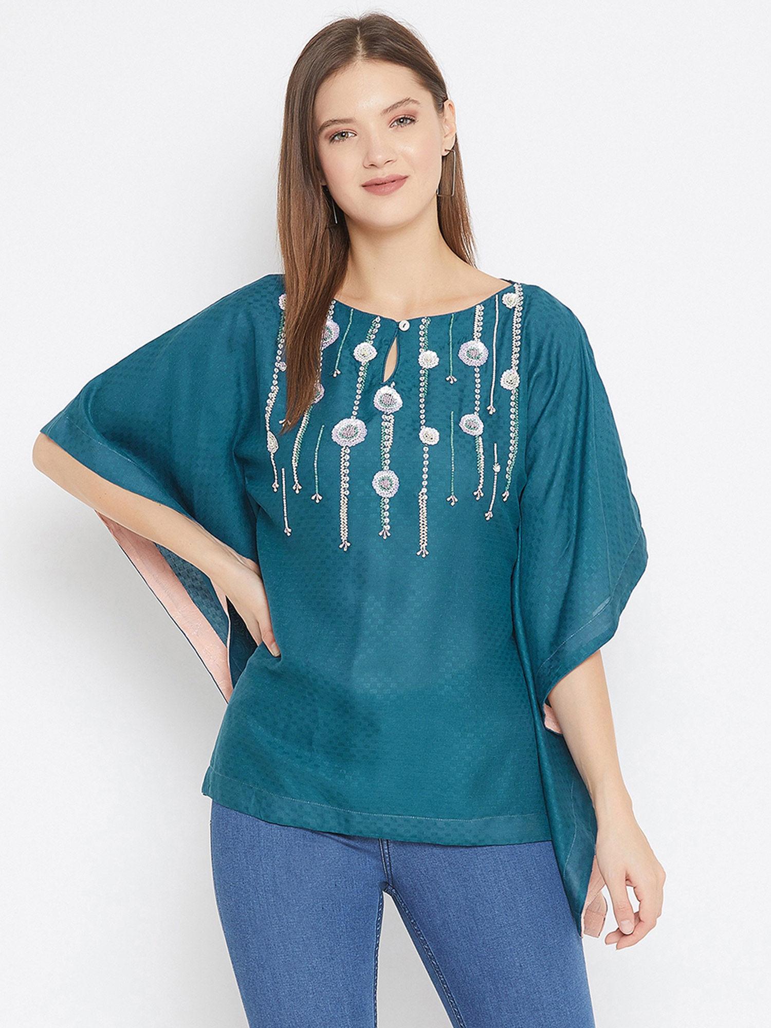 teal blue kaftan top with sequin hand embroidery