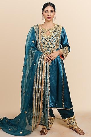 teal blue mashru silk gota & sequins hand embroidered kurta set