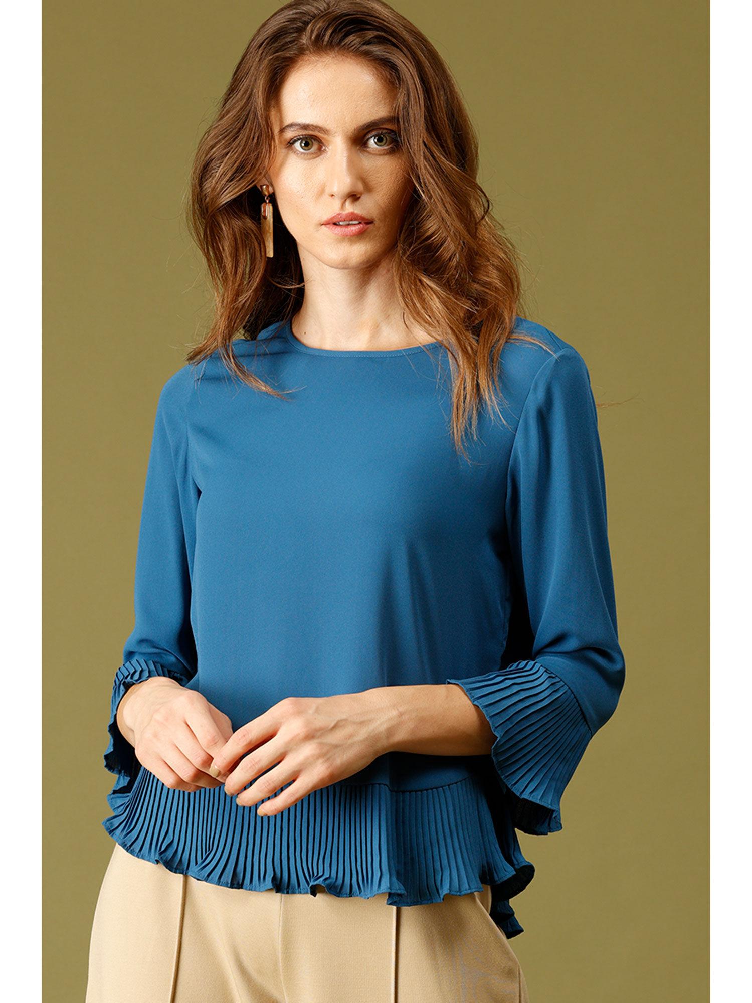 teal blue medium length round neck polyester top