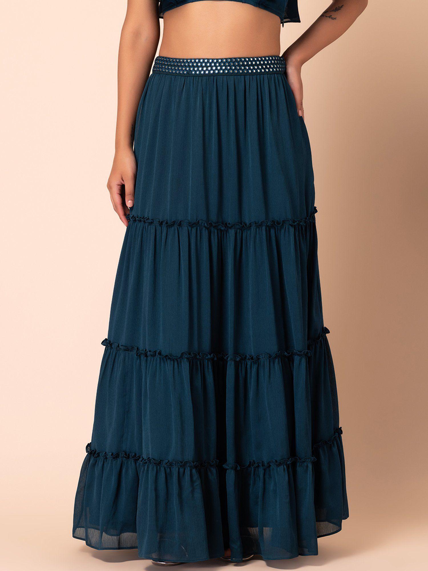teal blue mirror embroidered tiered lehenga skirt