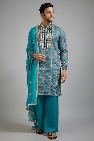 teal blue modal silk paisley printed & mirror embroidered kurta set