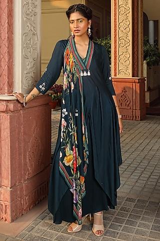 teal blue mul & georgette printed anarkali with multi-colored scarf