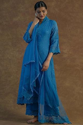 teal blue mul chanderi silk embroidered kurta set