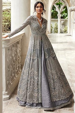 teal blue net embroidered anarkali lehenga set