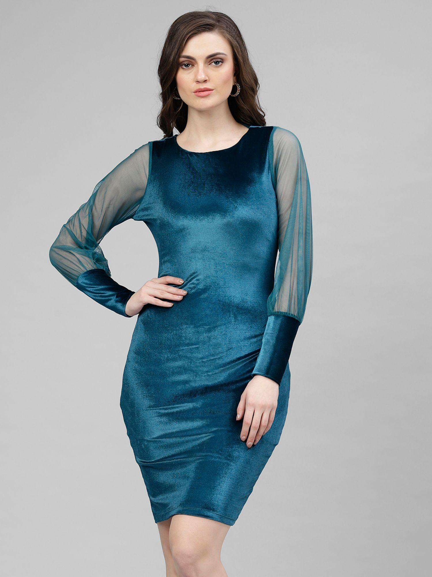 teal blue net sleeves bodycon dress