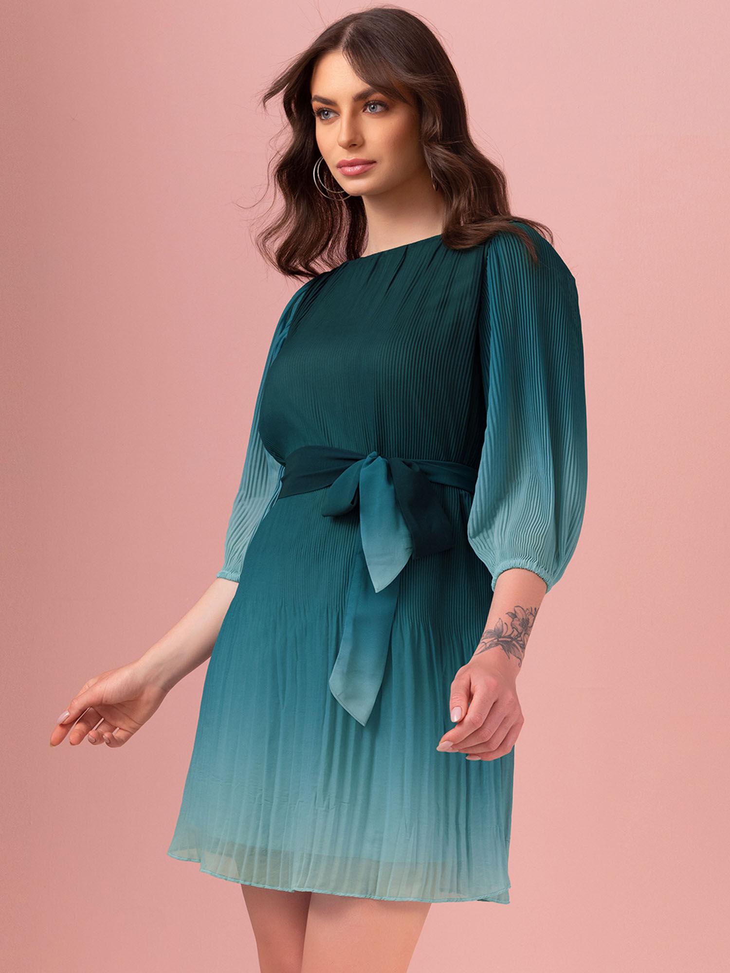 teal blue ombre pleated dress with belt (set of 2)