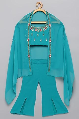 teal blue organza embroidered pant set for girls