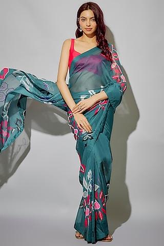 teal blue organza floral printed & glass beads embroidered pre-draped saree set