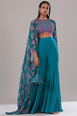 teal blue organza printed cape set