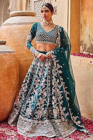 teal blue organza zari embroidered lehenga set