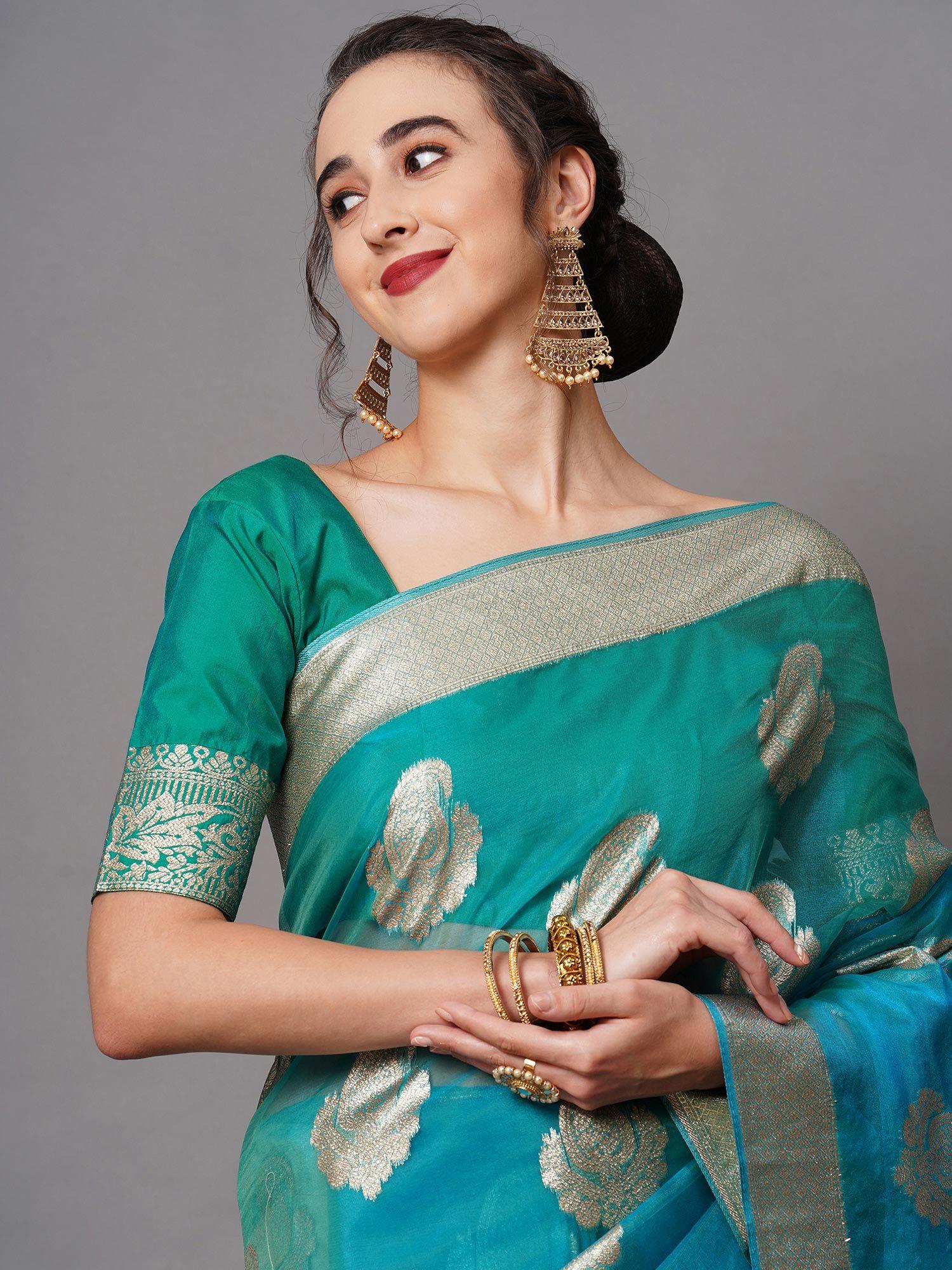 teal blue party wear organza woven design saree with unstitched