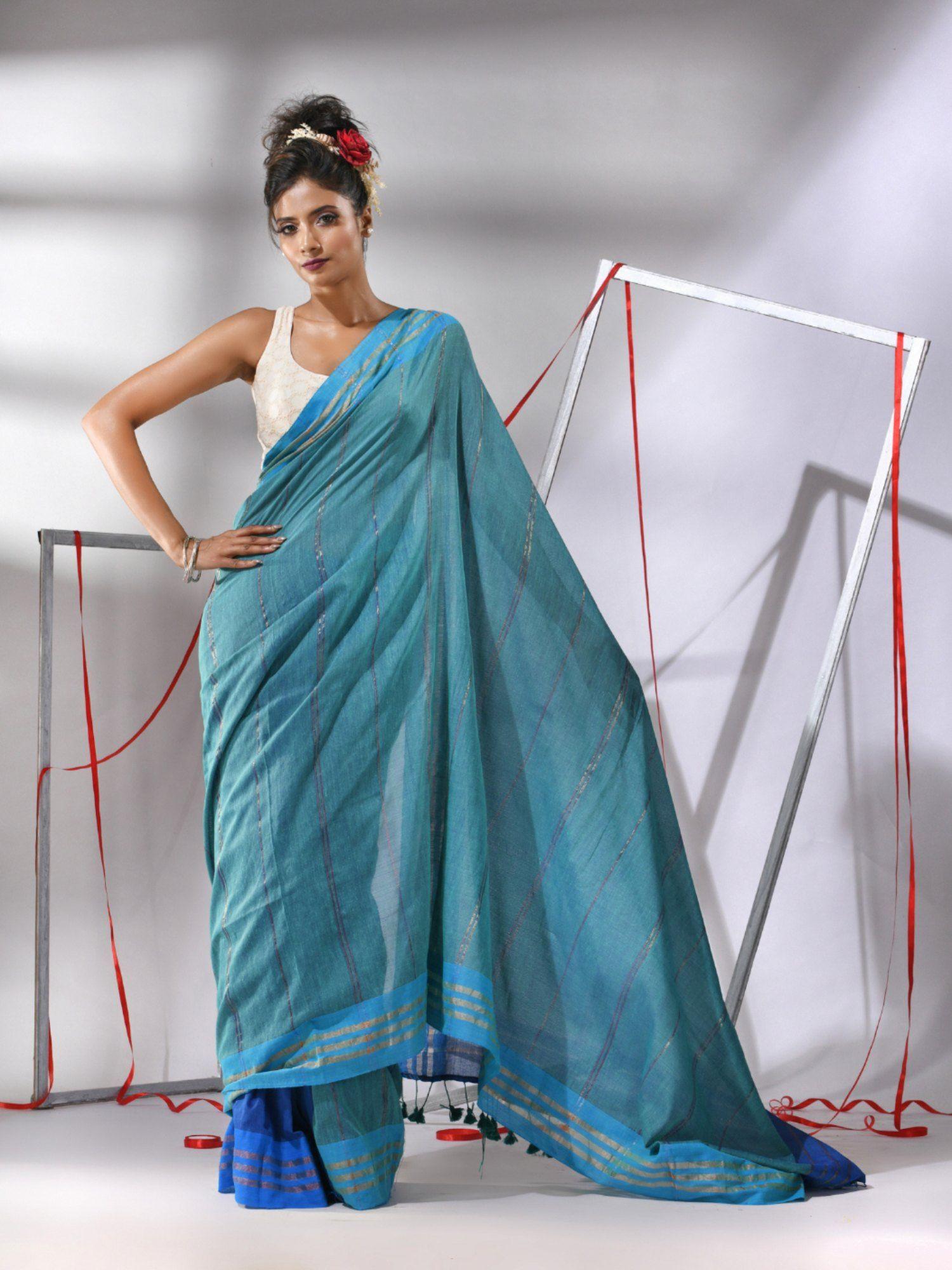 teal blue patli pallu cotton stripes design saree with unstitched blouse