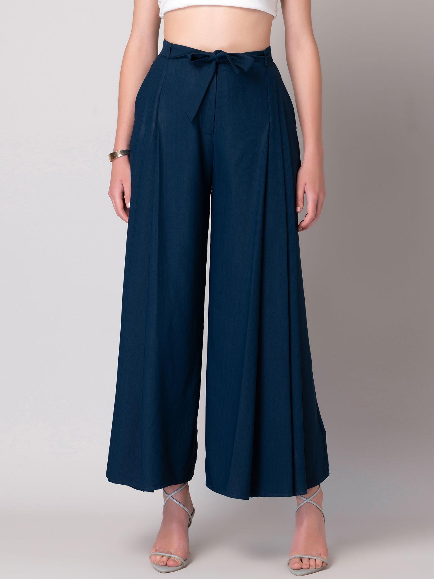 teal blue pleated wide legged trousers with belt (set of 2)