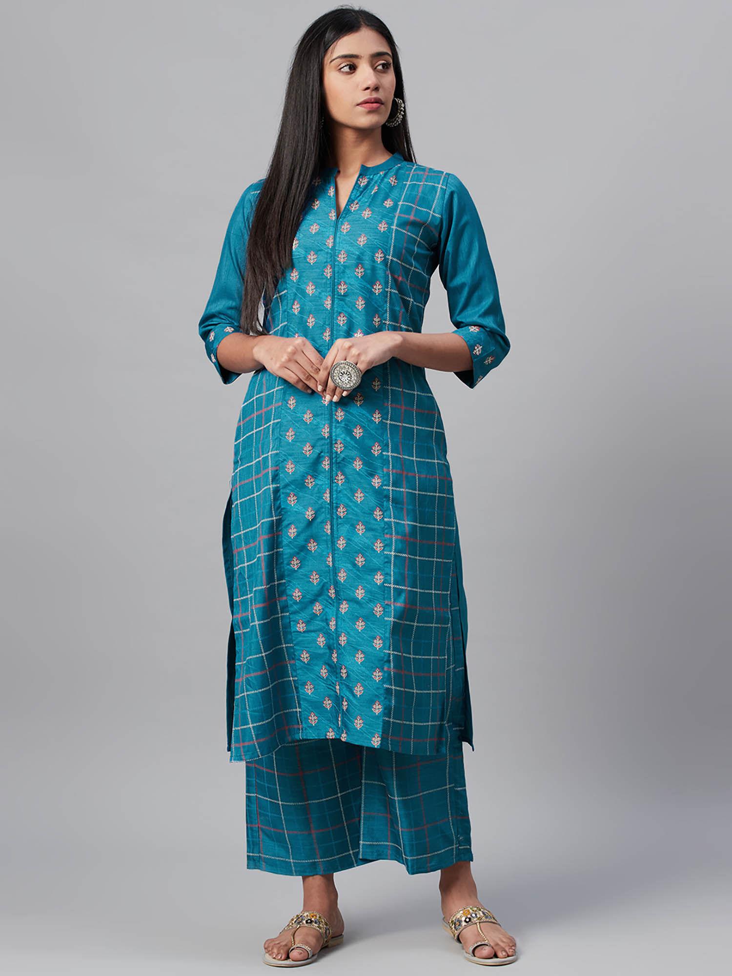 teal blue poly silk khari printed straight kurta