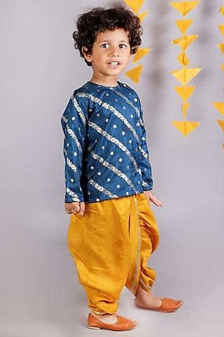 teal blue polyester printed kurta set for boys