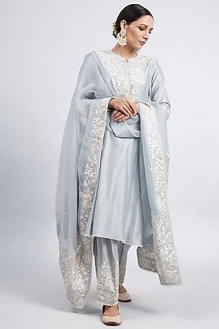 teal blue princess-cut embroidered kurta set