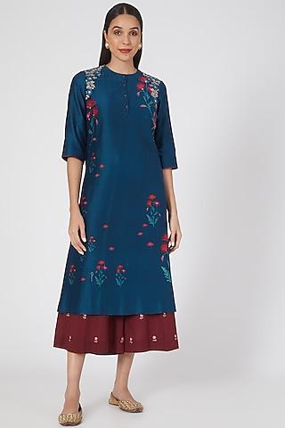 teal blue printed & embroidered kurta set