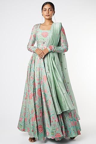 teal blue printed anarkali set