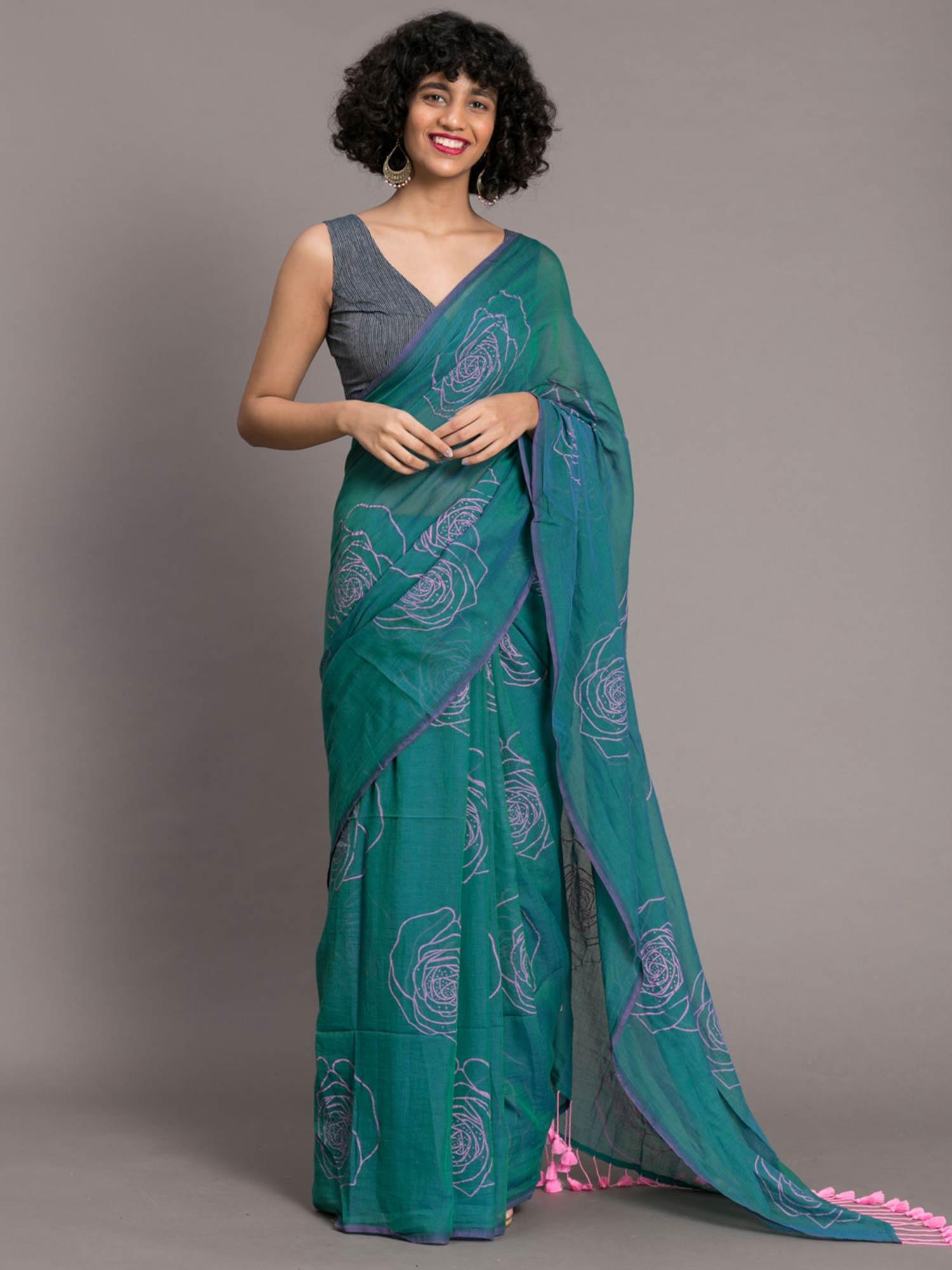 teal blue printed pure cotton saree without blouse