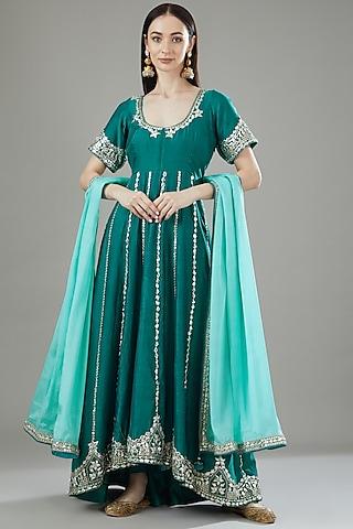 teal blue pure chanderi silk embroidered anarkali set