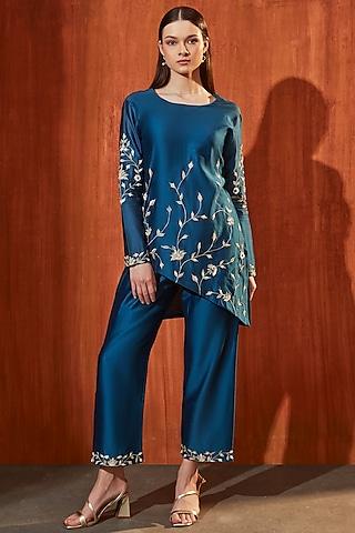 teal blue pure chanderi zari embroidered asymmetric kurta set