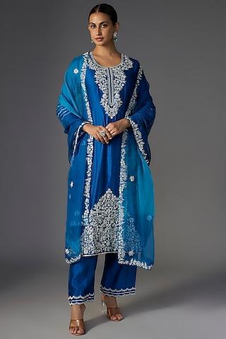 teal blue pure spun silk zardosi embroidered kurta set