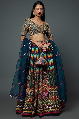 teal blue raw silk printed & embroidered lehenga set