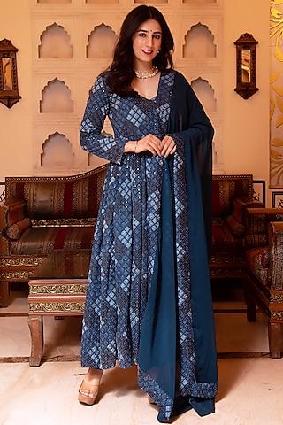 teal blue rayon embroidered anarkali set