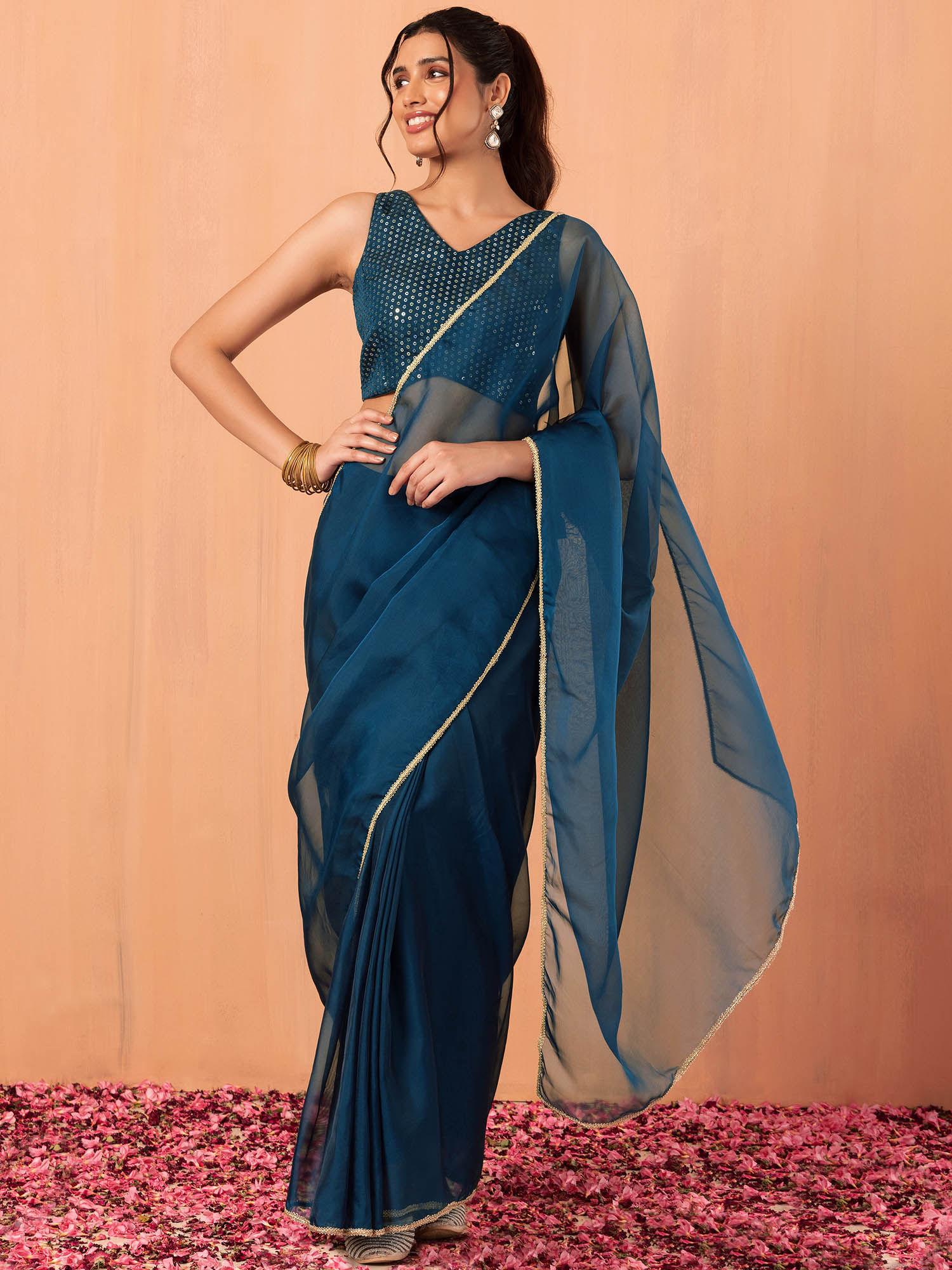 teal blue ready to wear silk saree without blouse