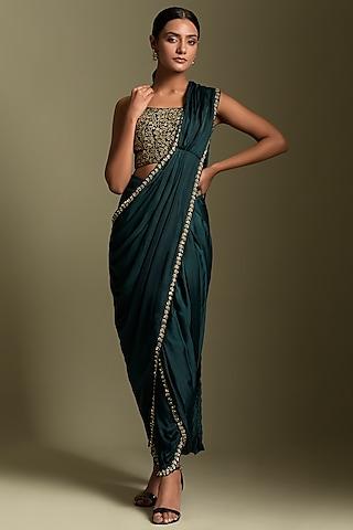 teal blue satin sequins embroidered dhoti saree set