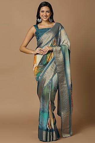 teal blue silk blend floral printed saree set