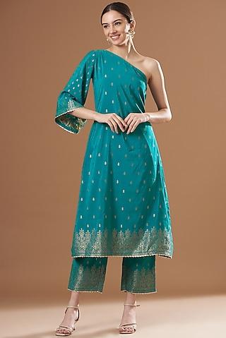 teal blue silk embroidered one-shoulder a-line kurta set