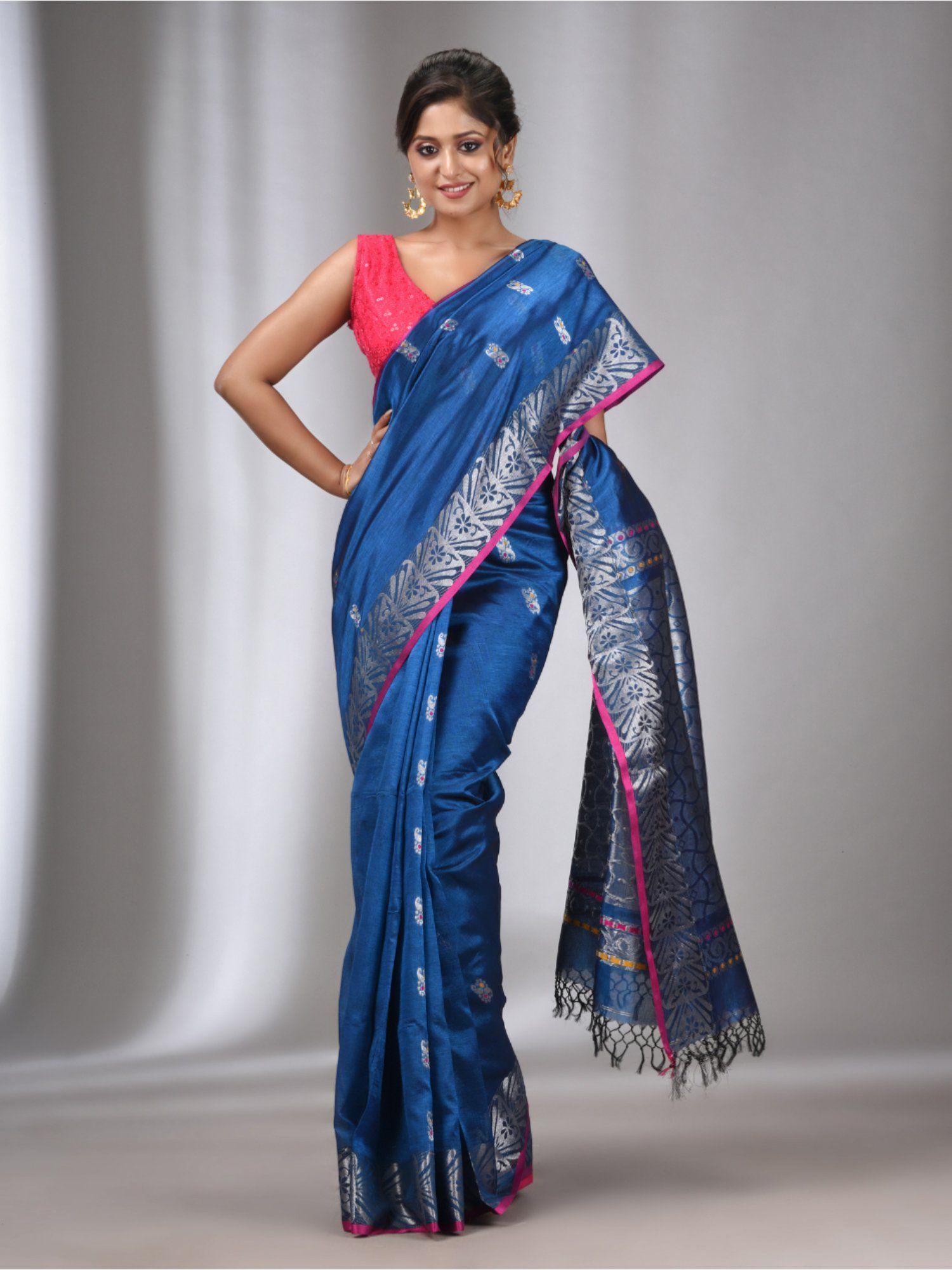 teal blue silk matka handwoven saree with texture border with unstitched blouse