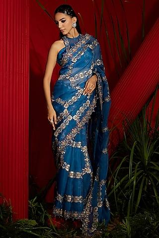 teal blue silk organza printed & embroidered saree set