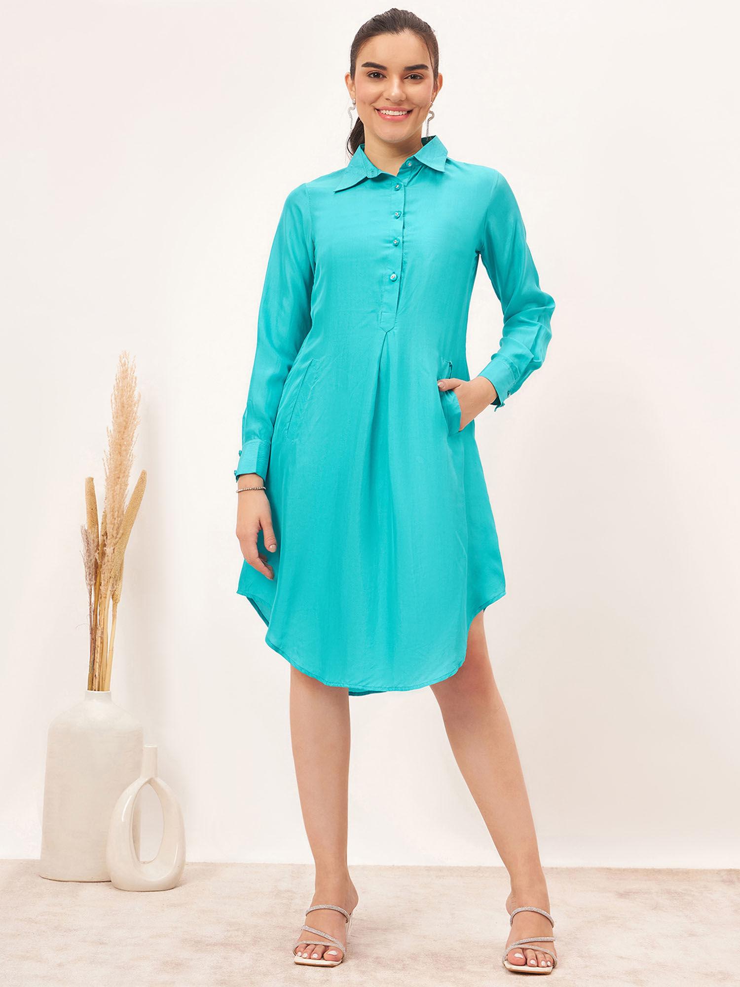 teal blue silk shirt dress