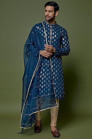 teal blue slub cotton silk printed kurta set